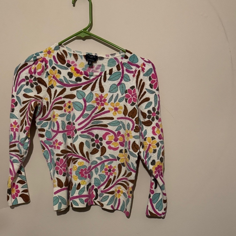 Talbots Floral Crew Neck Sweater - Pink, Yellow, Brown, Blue